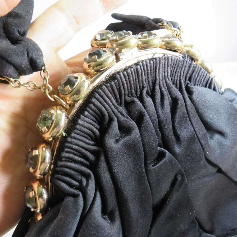 Vintage 1950s Black Satin Pouf Bag with Jeweled Frame Evening Bag Formal Costume